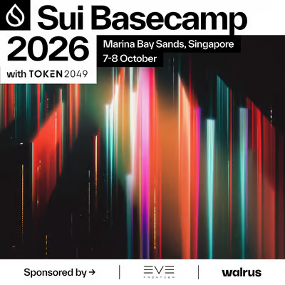 A promotional banner for "Sui Basecamp 2026" taking place at Marina Bay Sands, Singapore from 7-8 October with TOKEN2049, sponsored by EVE Frontier and Walrus.