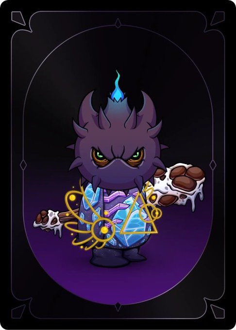 A stylized digital illustration of a dark purple, horned creature with a blue flame on its head, holding a cluster of chocolate-covered treats and surrounded by magical geometric symbols on a tarot-like card.