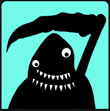 A cartoonish black shark-like creature with sharp, jagged teeth and wide eyes holds a scythe above its head against a bright turquoise background, visually reinforcing the post's menacing, predatory tone about "reking jeets."