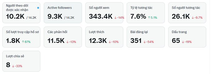 Social media analytics dashboard in Vietnamese showing 10.2K followers, 9.3K active followers, 343.4K views, 7.6% engagement rate, and 26.1K interactions.