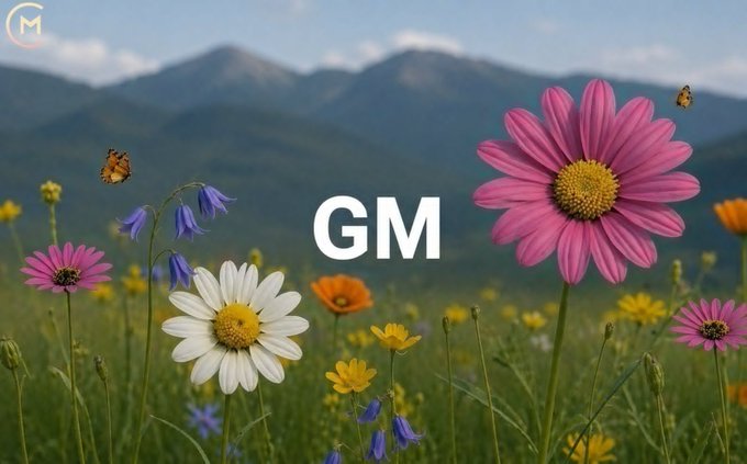 Cheerful "GM" (Good Morning) image featuring colorful pink, white, yellow, and orange wildflowers in a meadow with mountains in the background.