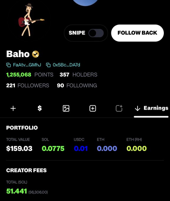 A social media/portfolio profile for 'Baho' with a verified checkmark, showing 1,255,068 points, 357 holders, 221 followers, and a portfolio total value of $159.03 along with creator fees of 51.441 SOL.
