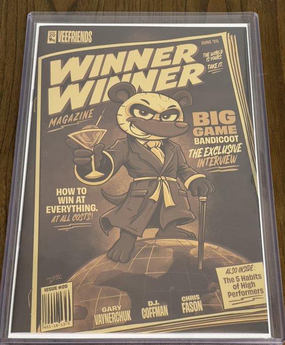 A comic book parody cover titled 'WINNER WINNER MAGAZINE' featuring a cartoon character in a robe, labeled 'VEEFRIENDS JUNE '20' and 'BIG GAME BANDICOOT THE EXCLUSIVE INTERVIEW' with ISSUE #20.