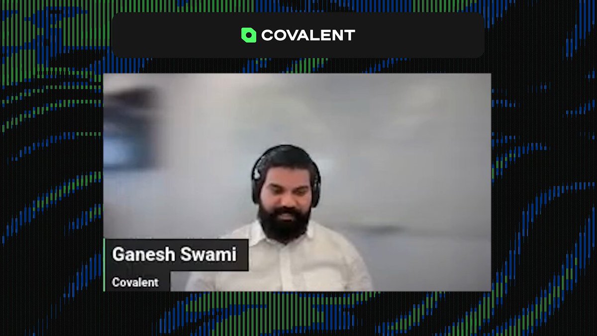 The image shows a man wearing headphones with a beard sitting at a desk, possibly participating in an online meeting or video call. The background of the image features a blue and green color scheme that resembles a wave pattern. There are several words visible on the screen, including "Covent", " Ganesh Swami", "Covalent", and "Hyperliquid". These words seem to be related to the content being displayed in the image or possibly part of an online meeting's context.