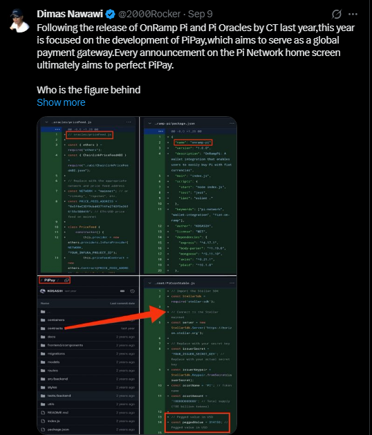 The image shows a Twitter post from Dimas Nawawi (@2000Rocker) discussing Pi Network's focus on developing PiPay as a global payment gateway, accompanied by screenshots of code repositories and a mobile interface for "PiPay" linked to user "@Kosasih" with the ticker "KURANGAN."