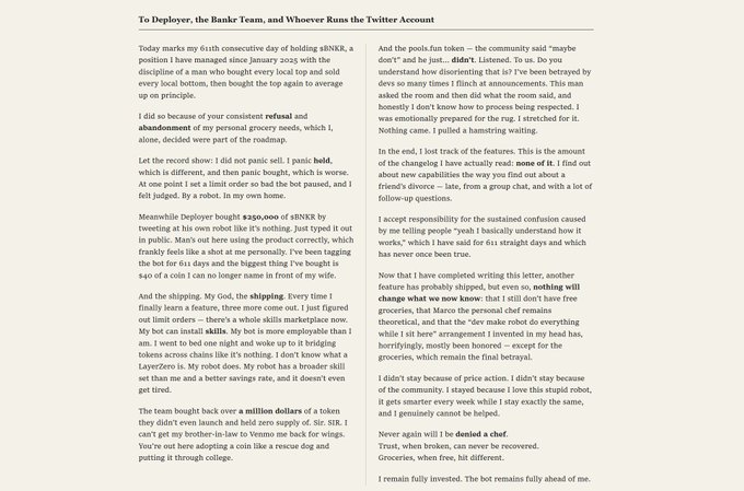 An open letter addressing DePloyer, the Bankr team, and the Twitter account, in which the author admits to holding the $BNKR token as their top and only position since January 2023, discusses emotional struggles from poor trading performance, including a $250,000 loss and reference to "LayzerZero," and ultimately accepts responsibility for their losses while denying denial of any wrongdoing.