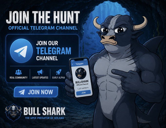 The image features a cartoon bull shark character holding up a phone, with the text "JOIN THE HUNT" above it. The bull shark is shown in a cave setting, which suggests that this might be related to a Telegram channel or messaging app. The post encourages people to join the channel by purchasing the bull shark and using the provided code.