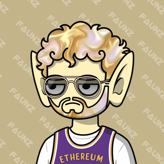A cartoon NFT-style character with curly blonde hair, sunglasses, and pointy ears wearing a purple and yellow jersey labeled 'ETHEREUM,' set against a beige background watermarked 'FAUNZ.'