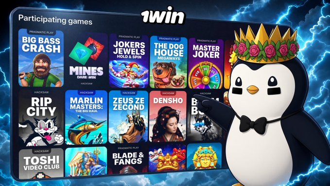 An advertisement featuring the '1win' logo, a penguin mascot wearing a crown and bowtie, and a grid of participating games like Big Bass Crash and Mines Dare 2 Win.
