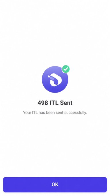 A mobile app confirmation screen showing a purple icon with a green checkmark, the text '498 ITL Sent', and 'Your ITL has been sent successfully' above an 'OK' button.