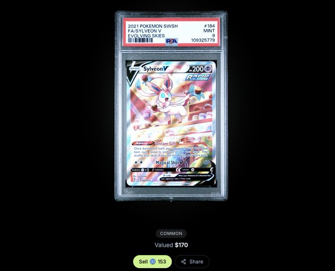 A PSA-graded mint condition Sylveon V Pokémon card, number 184 from the Evolving Skies set, valued at $170 with a sell price of 153.