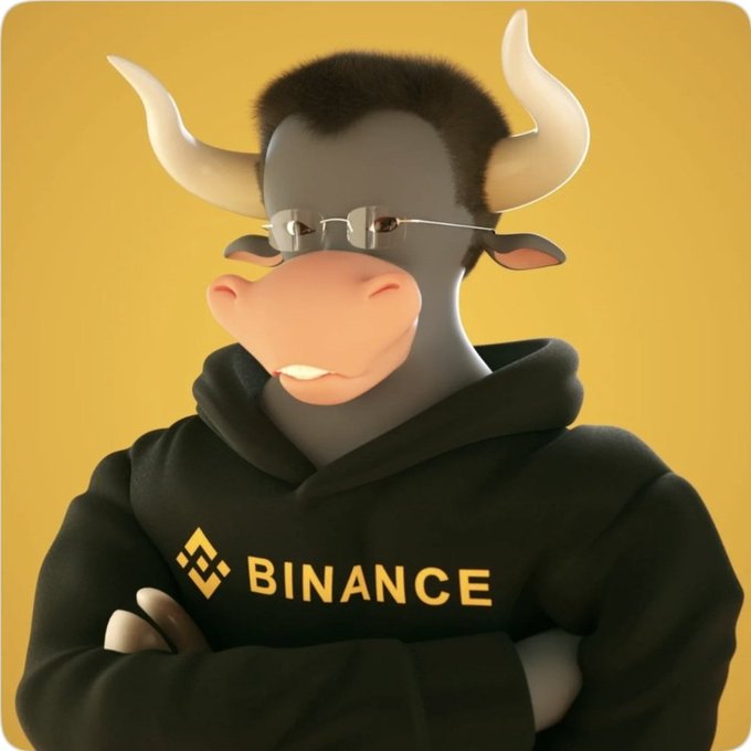 A 3D-rendered bull mascot wearing glasses and a black Binance hoodie against a yellow background.