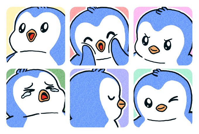 A grid of six cartoon penguin illustrations showing various facial expressions, including smiling, crying, angry, and winking.