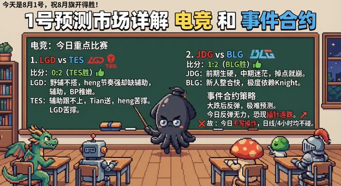 A Chinese-language promotional graphic dated August 1st analyzing esports matches LGD vs TES and JDG vs BLG, alongside an event contract strategy section, illustrated with cartoon characters and an octopus teacher.