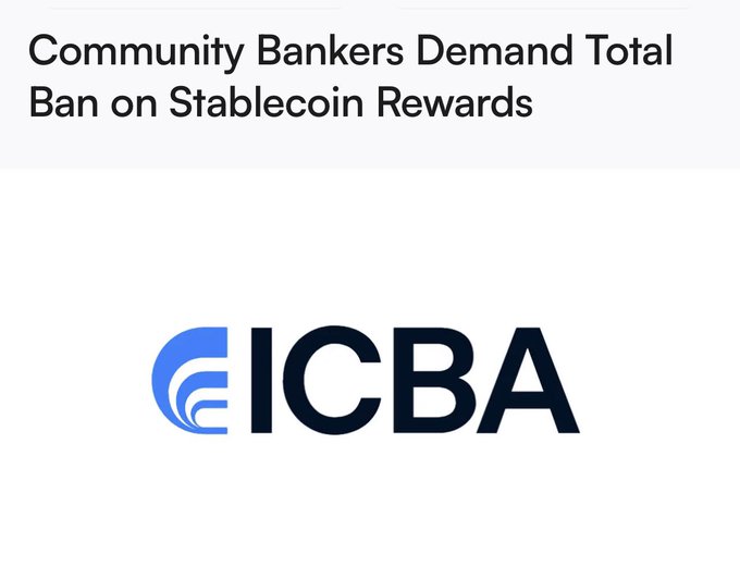 A news graphic displaying the headline 'Community Bankers Demand Total Ban on Stablecoin Rewards' above the ICBA (Independent Community Bankers of America) logo.