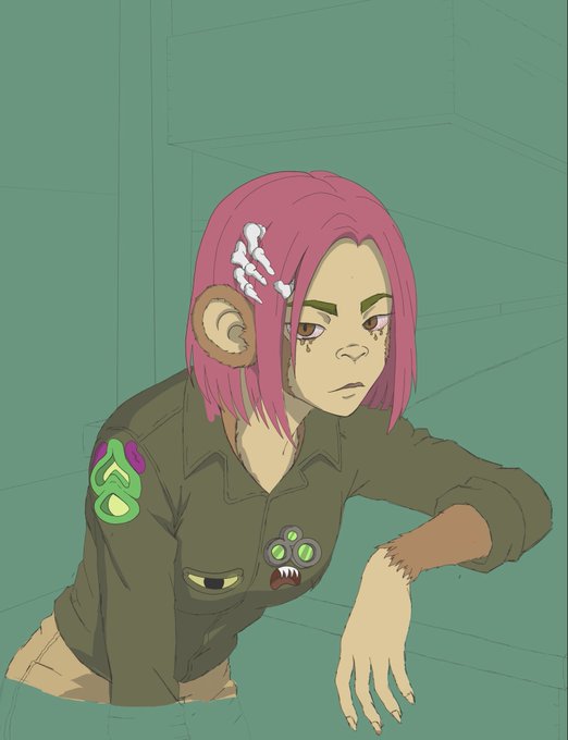 A digital illustration of a pink-haired girl with animal ears, wearing an olive green shirt with patches, sitting with her knees up.