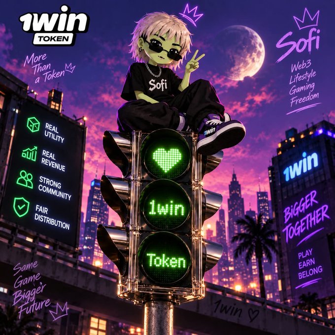 Anime-style character sits atop a traffic light displaying a heart, '1win', and 'Token', with marketing text including '1WIN TOKEN', 'Sofi', 'Web3 Lifestyle Gaming Freedom', 'REAL UTILITY', 'REAL REVENUE', 'STRONG COMMUNITY', 'FAIR DISTRIBUTION', 'BIGGER TOGETHER', and 'PLAY EARN BELONG' against a neon cityscape.