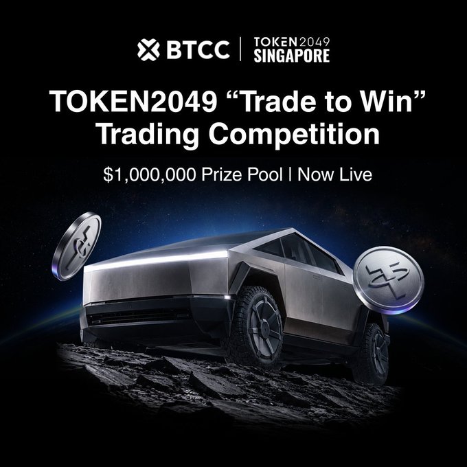 A promotional graphic for BTCC's TOKEN2049 Singapore "Trade to Win" Trading Competition featuring a $1,000,000 prize pool, displaying a Tesla Cybertruck flanked by BTCC-branded coins. The image complements the post's call-to-action to join the BTCC trading competition for a chance to win prizes like an iPhone DUO.
