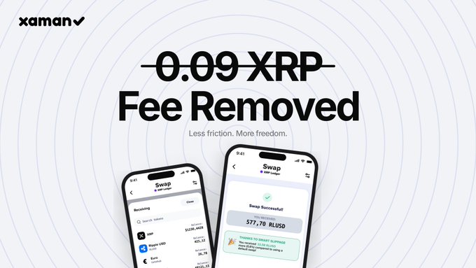 A promotional banner for 'xaman' announcing '0.09 XRP Fee Removed' with the tagline 'Less friction. More freedom.' showing two phone screens demonstrating a token swap.