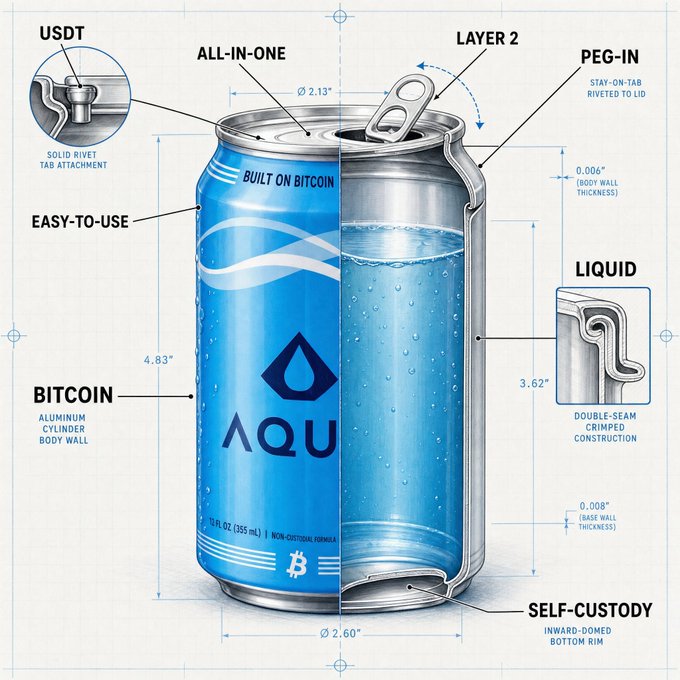 A technical diagram of an aluminum beverage can labeled 'AQU' with Bitcoin branding, annotated with features like 'SELF-CUSTODY', 'BUILT ON BITCOIN', and 'EASY-TO-USE'.