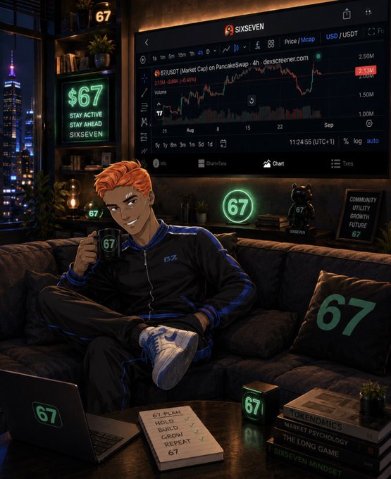 An anime-style illustration of a red-haired character in a tracksuit holding a mug with '67' on it, sitting on a couch in front of a trading chart screen showing 'SIXSEVEN' and '67USDT', with books labeled '67 PLAN' and 'OKENOMICS' nearby.