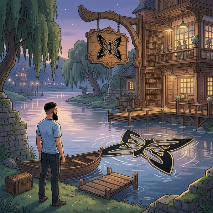 A digital illustration of a bearded man standing by a river at twilight, looking toward a wooden lodge with warm-lit windows and a butterfly motif visible in the water.