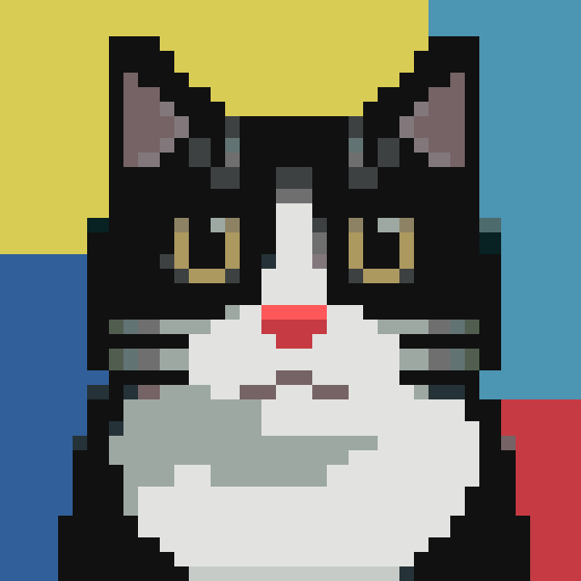 A pixel art illustration of a black and white cat with yellow eyes and a pink nose, set against a background divided into yellow, blue, and red color blocks.