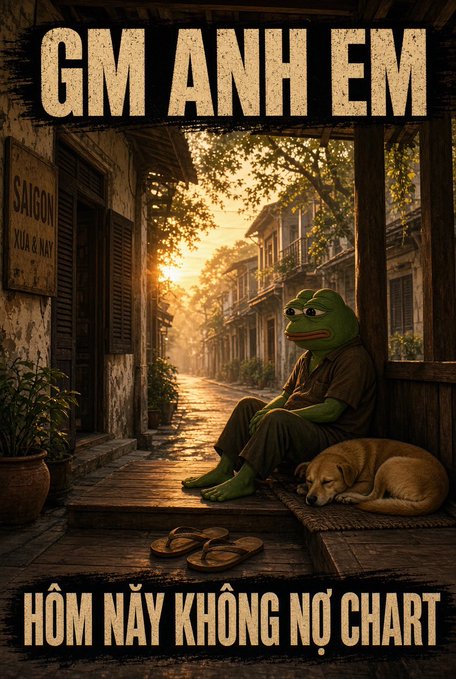 A Pepe the Frog meme-style illustration showing the character sitting on a Saigon street with a dog, featuring the Vietnamese text 'GM ANH EM' and 'HÔM NÃY KHÔNG NỘ CHART'.