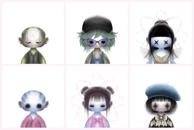 Grid of six stylized digital avatar characters with dark hair, hats, and ethereal/ghost-like features on a white background.