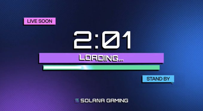 The image shows a "LIVE SOON" countdown timer at 2:01 with a "LOADING..." progress bar and "STAND BY" label, branded with the "SOLANA GAMING" logo at the bottom. The graphic signals an imminent livestream, tying into the post's announcement that the broadcast is going live to showcase collectible "grails."