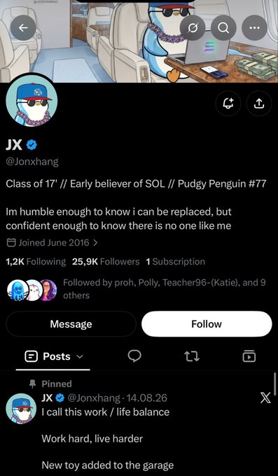 The image shows a Twitter/X profile for "JX" (@Jonxhang), a verified user with the bio "Class of 17 // Early believer of SOL // Pudgy Penguin #77," featuring a profile picture of a penguin in a blue cap and red sunglasses. The pinned post reads "I call this work / life balance - Work hard, live harder - New toy added to the garage," tying to the caption's call to expose the scammer behind a Pudgy Penguin theft from JX's wallet.