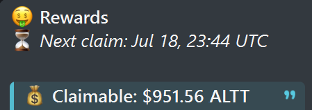 A rewards dashboard displaying 'Next claim: Jul 18, 23:44 UTC' and a 'Claimable: $951.56 ALTT' balance.