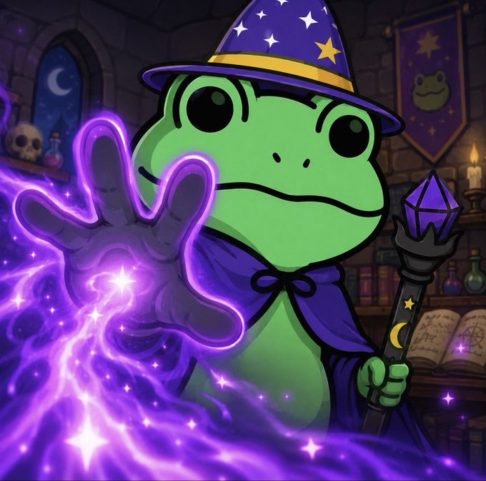 A green cartoon frog dressed as a wizard in a purple star-patterned hat and cape holds a staff topped with a purple gem, casting a glowing purple magical energy from its hand. A banner with a frog emblem hangs on the stone wall behind it.