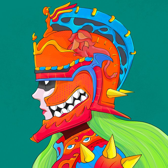 A vibrant digital illustration of a character in profile wearing an ornate orange and blue spiked helmet with green hair flowing behind them against a teal background.
