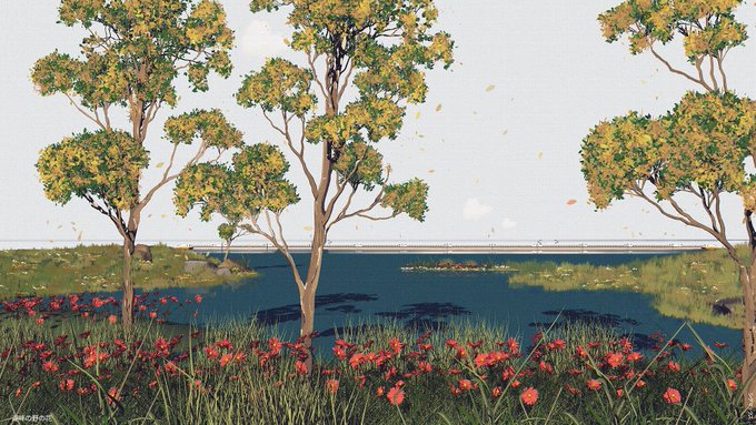 A serene landscape painting featuring tall eucalyptus-like trees, red wildflowers in the foreground, a body of water, and a bridge in the distance under a soft sky.
