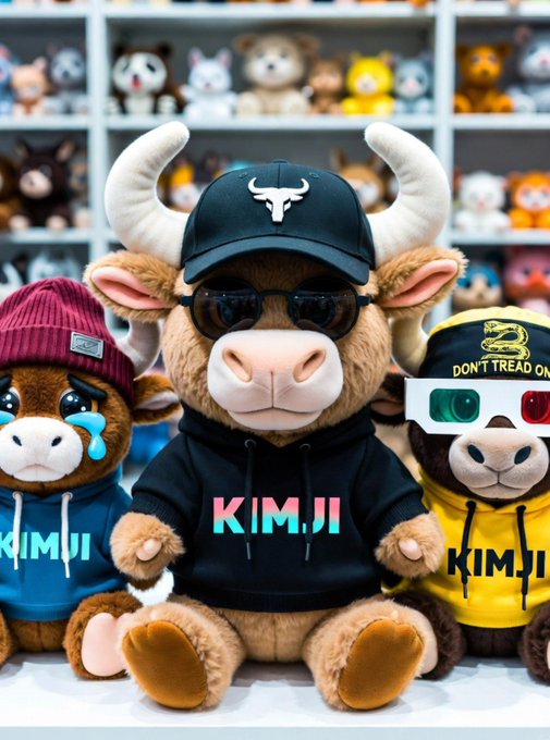 Three plush bull toys wearing outfits with 'KIMJI' branding, including a crying one in a maroon beanie, a central one in a black Bulls cap and hoodie, and one in a yellow 'DON'T TREAD ON' hat with 3D glasses.