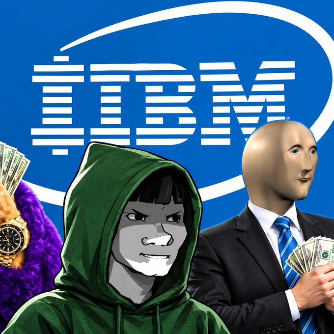 A collage featuring the IBM logo on a blue background, a figure in a green hoodie, a mannequin-headed figure in a suit holding cash, and a hand with a gold watch holding money.