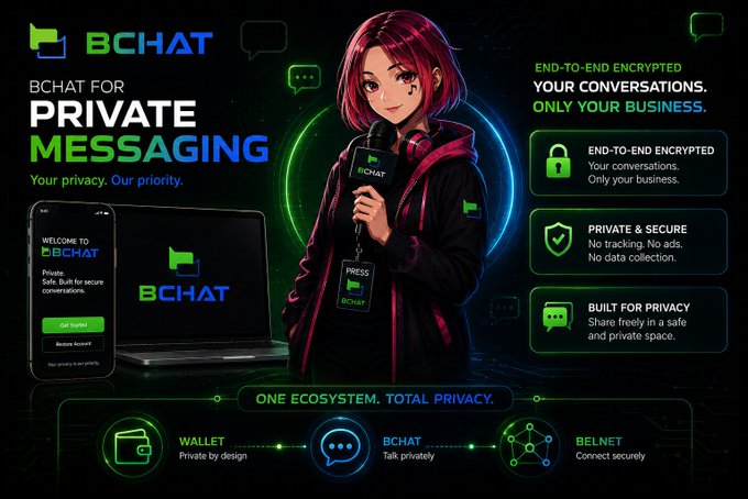 A promotional graphic for "BCHAT" advertises private messaging with an anime-style character, featuring text "BCHAT FOR PRIVATE MESSAGING - Your privacy. Our priority." and "END-TO-END ENCRYPTED YOUR CONVERSATIONS. ONLY YOUR BUSINESS."