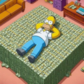 A screenshot from The Simpsons video game showing Homer Simpson lying face-down on a bed in his iconic pink-walled bedroom.
