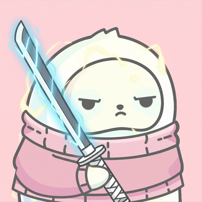 A cartoon illustration of a grumpy white character in a pink hoodie holding a glowing blue sword against a pink background.