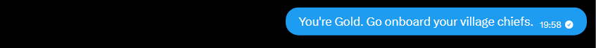 A blue text message bubble on a black background reads 'You're Gold. Go onboard your village chiefs.' with a timestamp of 19:58 and a double check mark.