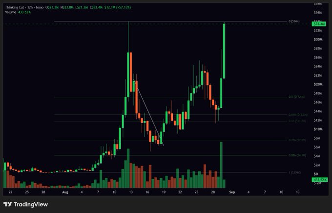 The image shows a 12-hour candlestick chart for the ticker "HMM" (Thinking Cat - HMM - Korean) on TradingView, displaying a strong uptrend from approximately $2M to a peak of $36M, with the current price at $32.1M and a gain of +67.13%. The chart visually supports the accompanying post's claim of HMM being up over 370%, as evidenced by the dramatic price surge visible across the late August timeframe shown on the x-axis.