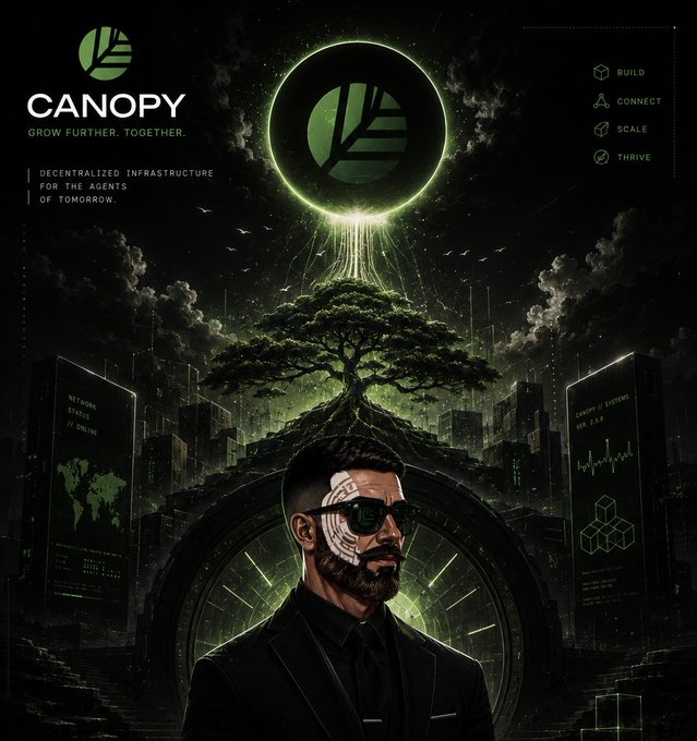 A dark, futuristic digital poster for 'CANOPY - GROW FURTHER. TOGETHER.' featuring a man with cyberpunk-style facial implants, a glowing tree, and a green eclipse, with text 'DECENTRALIZED INFRASTRUCTURE FOR THE AGENTS OF TOMORROW.' and options to BUILD, CONNECT, SCALE, THRIVE.