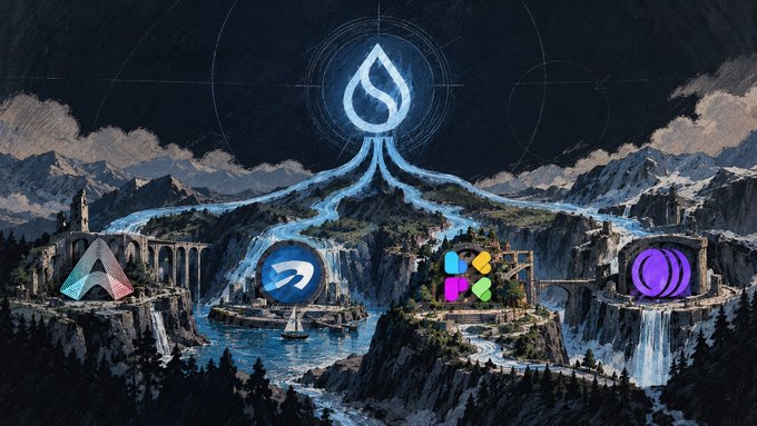 A fantasy digital illustration shows a mythical landscape with waterfalls and mountains, with various app logos (including AppSumo, Flow, and Monday) floating above as rivers flowing from a central flame symbol.