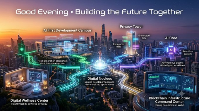 A futuristic cityscape illustration titled 'Good Evening • Building the Future Together' featuring various labeled zones including 'AI First Development Campus', 'Privacy Tower' with 'Encrypted data', 'AI Core' with 'Real-time system' and 'Autonomous agents & intelligent workflows', 'Digital Wellness Center' powered by Web3, 'Digital Nucleus' with sound developer tools and decentralized applications, and a 'Blockchain Infrastructure Command Center'.