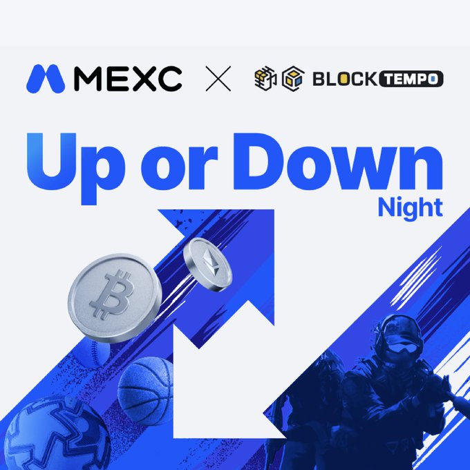 Promotional graphic for a MEXC x BlockTempo 'Up or Down Night' event featuring blue upward and downward arrows, Bitcoin and crypto coin imagery, and tactical figures.