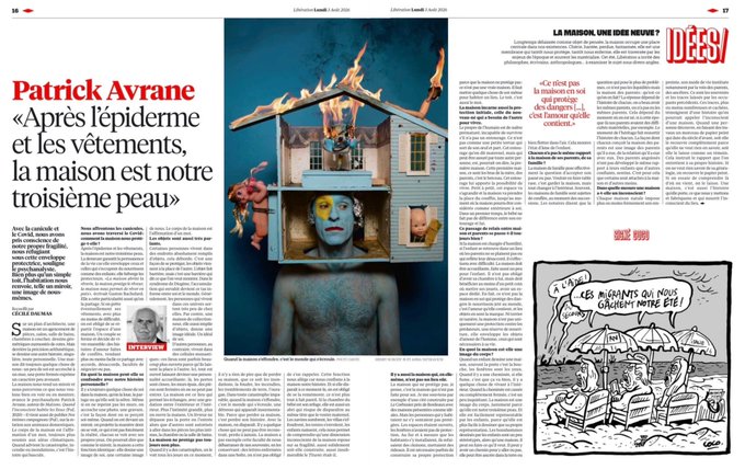 A French newspaper article featuring an interview with Cecile Dionne titled "Patrick Avrane: «Après l'épidémie et les vêtements, la maison est notre troisième peau»," discussing home as a third skin.