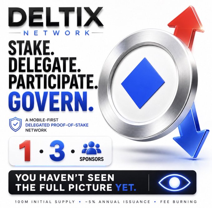 An infographic for the "DELTIX NETWORK," a mobile-first delegated proof-of-stake network, promoting staking, delegation, and governance with text reading "1.3 SPONSORS" and "YOU HAVEN'T SEEN THE FULL PICTURE YET."