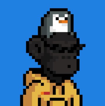A pixel art illustration of a gorilla wearing a tan hoodie with a small penguin sitting on its head, representing a specific character from the @ApesofETH collection.