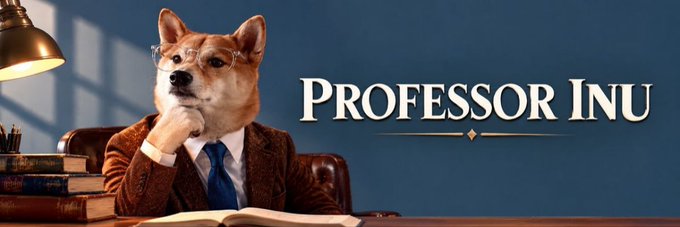 A Shiba Inu dog dressed in a tweed suit and glasses sits at a desk with books, posing as an academic scholar beside text reading "PROFESSOR INU." The banner visually embodies the branding of the Solana token $PROINU, leaning into the "Professor Inu" concept highlighted by the community member's update.